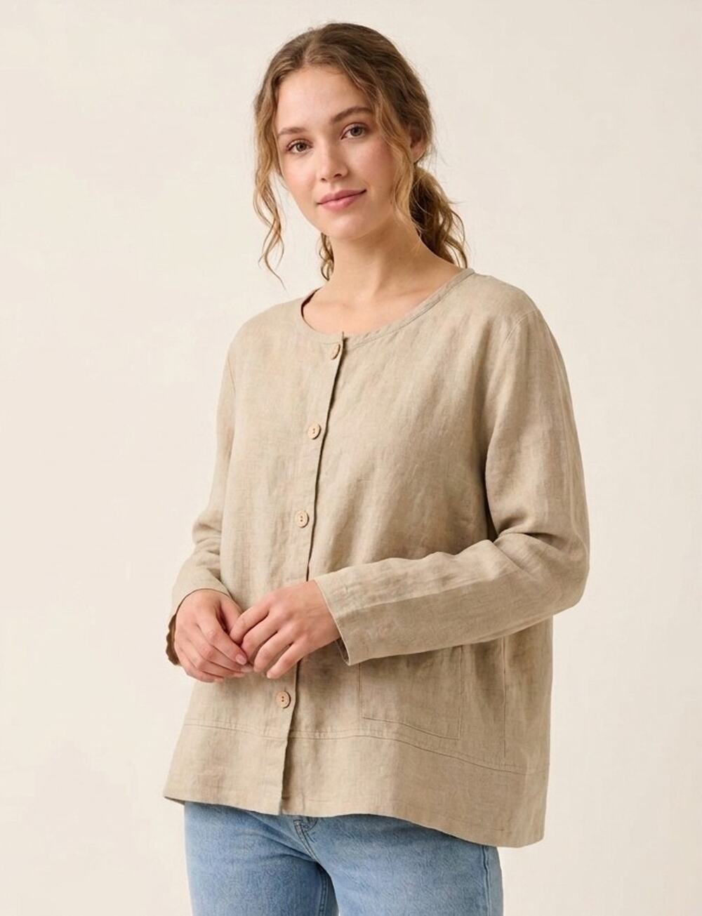 FLAX Beige Linen Long Sleeve Button Up Top Medium